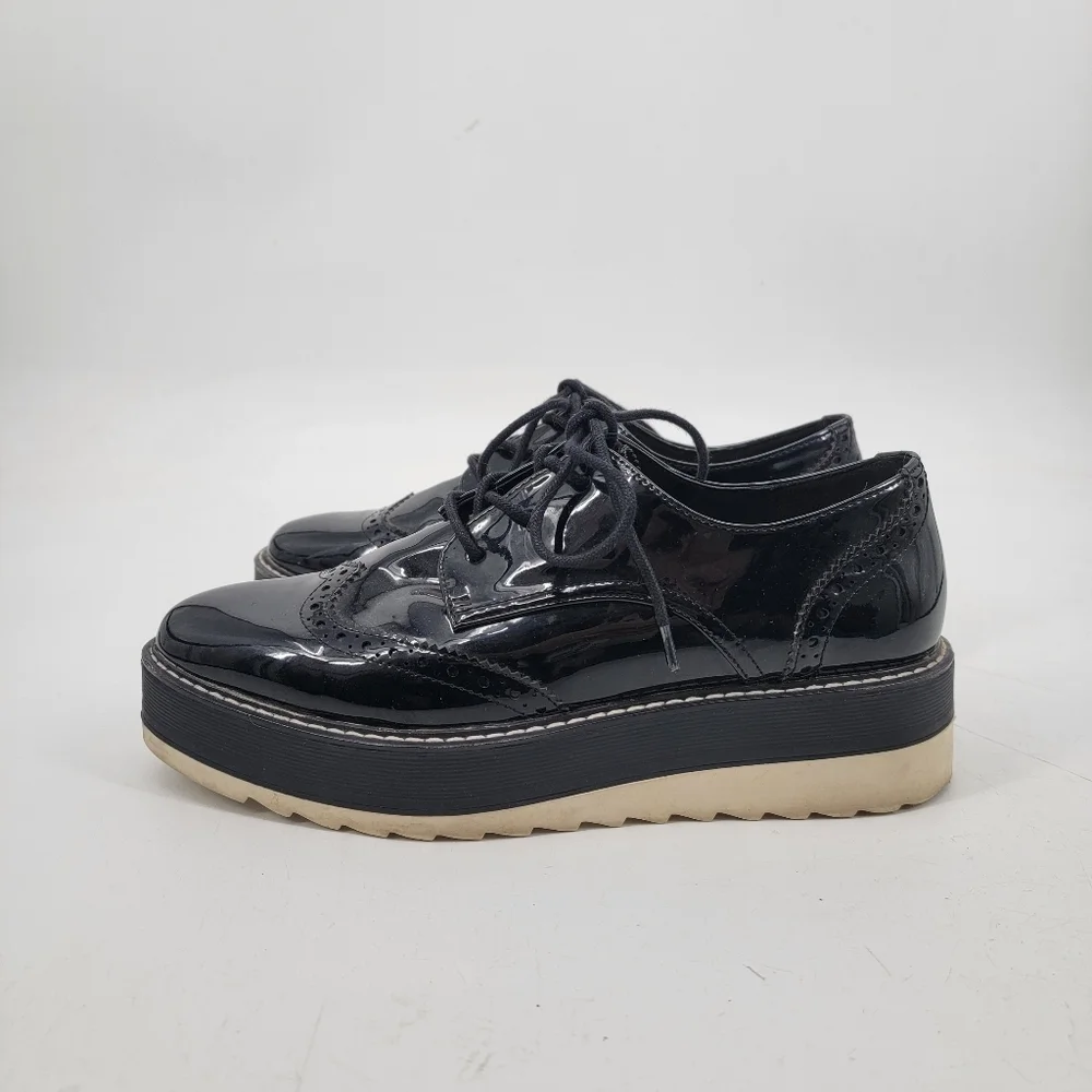 Zara Black Patent Leather Platform Oxford Derby Creepers Size 40 Dark Academia